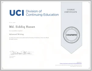 Advanced Writing A course offered by Coursera Platform Completed by Md. Siddiq Hasan
