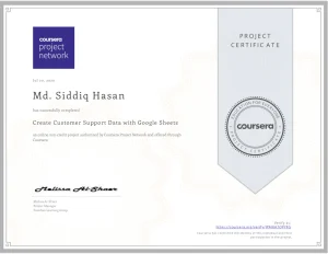 "Create Customer Support Data with Google Sheets" a course offered by Coursera Completed by Md. Siddiq Hasan