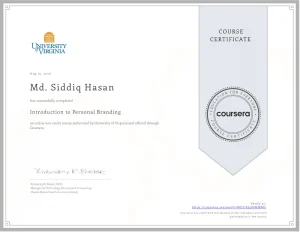 Introduction to Personal Branding A course offered by Coursera Platform Completed by Md. Siddiq Hasan