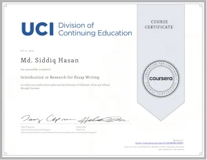 Introduction to Research for Essay Writing a course offered by Coursera Platform Completed by Md. Siddiq Hasan